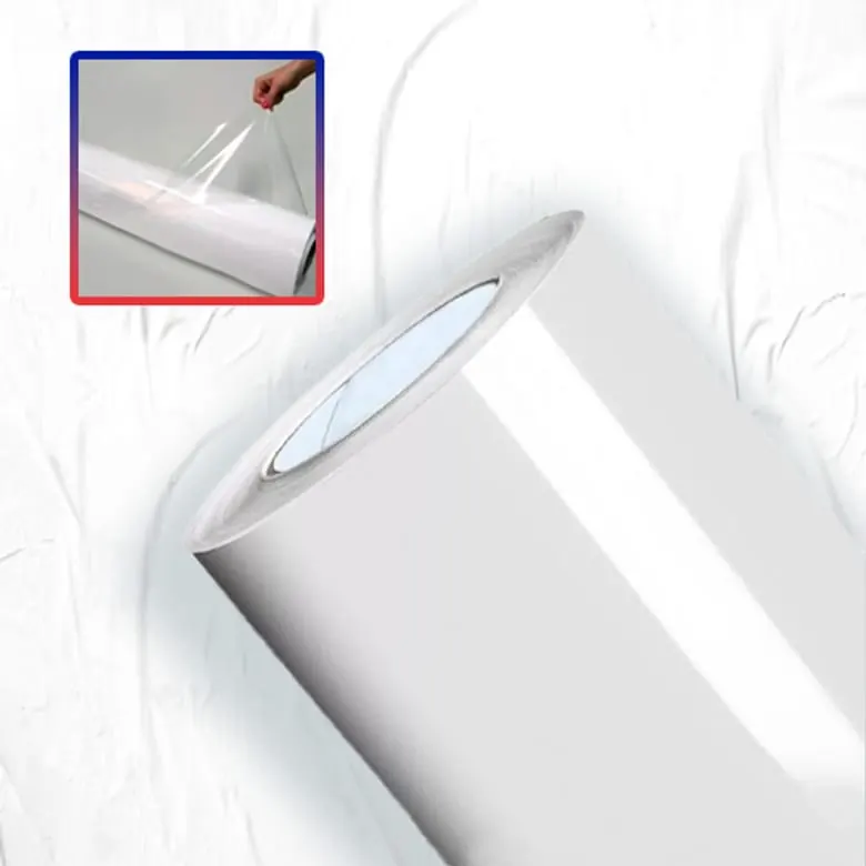 Vinil auto adesivo com filme transparente brilhante 80 microns e liner 120 g/m², rolo de 1,27 × 50 m