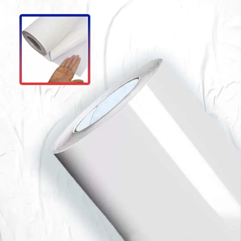 Vinil auto adesivo filme branco brilhante 80 microns, cola branca e liner 120 g/m², rolo de 1,06 × 50 m